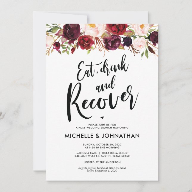 Bourgogne Floral Post Mariage Brunch Invitation (Devant)