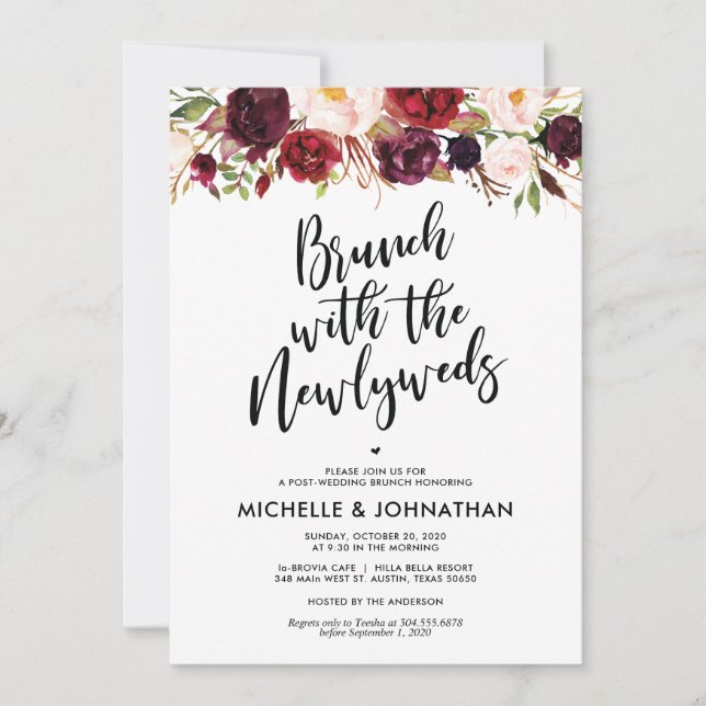 Bourgogne Floral Post Mariage Brunch Invitation (Devant)