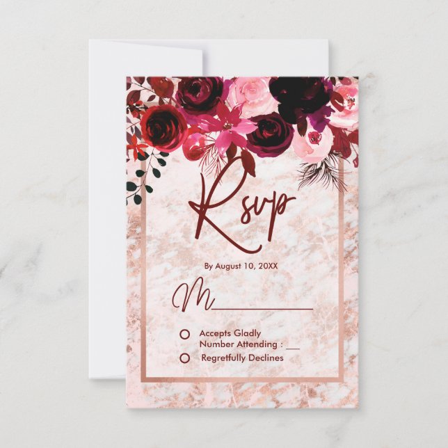 Bourgogne Floral & Rose Gold Marbled Wedding RSVP (Devant)