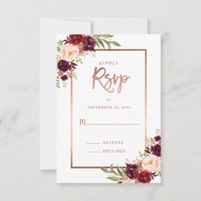 Bourgogne Floral Rose Or Blanc Mariage RSVP (Devant)