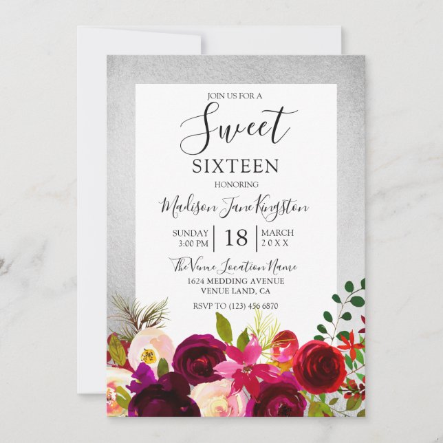 Bourgogne Floral Silver Sweet 16 Party Invitation (Devant)