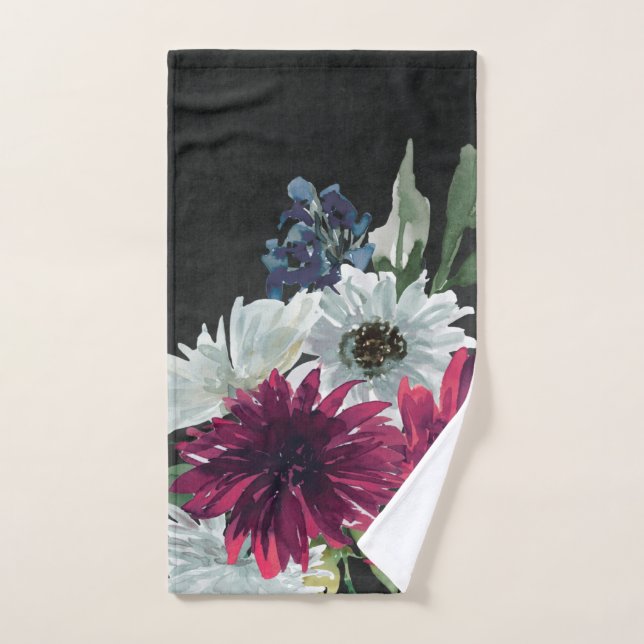 Bourgogne Floral Splash sur Noir déchiré (Serviette à main)