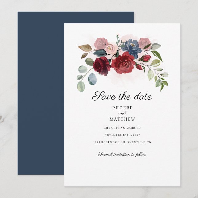 Bourgogne Floral Végétal Navy Save The Date (Devant / Derrière)