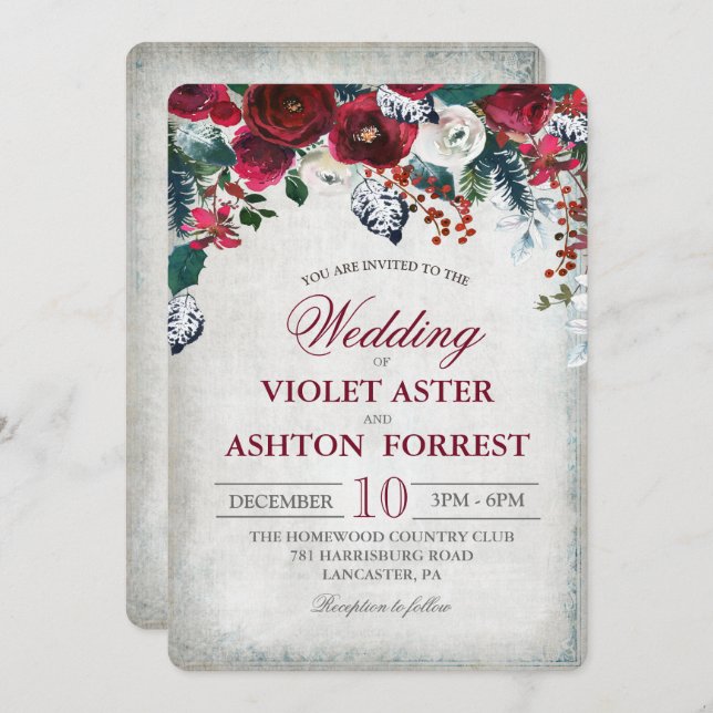 Bourgogne Floral Winter Wedding Invitation (Devant / Derrière)
