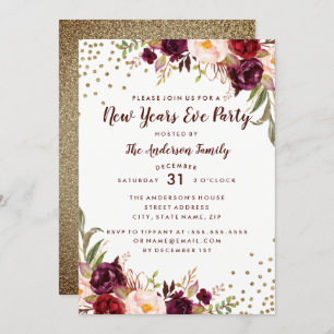 Bourgogne Gold Floral Nouvel An Invitation de la S