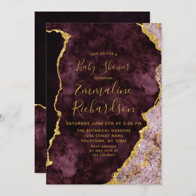 Bourgogne & Gold Foil Agate Baby shower Invitation (Devant / Derrière)