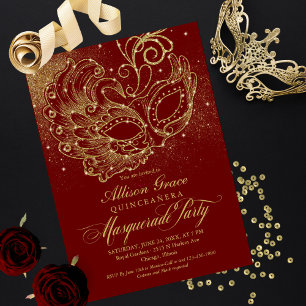 Bourgogne Gold Quinceanera Masquerade Invitation