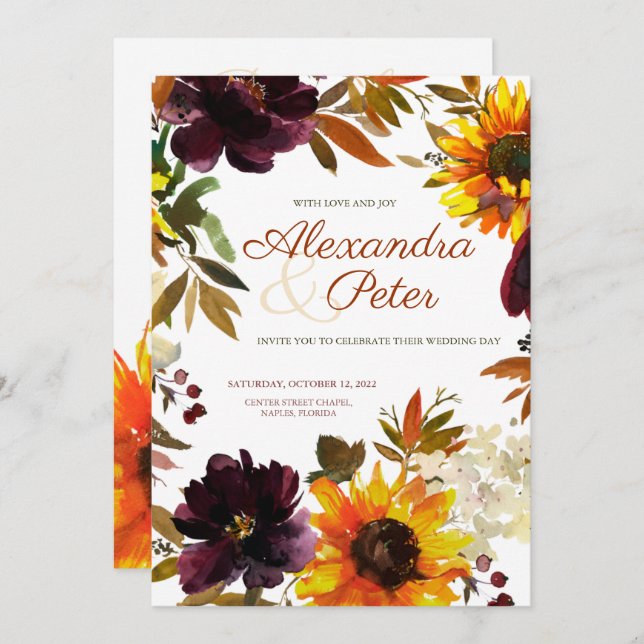 Bourgogne & Gold Sunflower Invitations de mariage (Devant / Derrière)