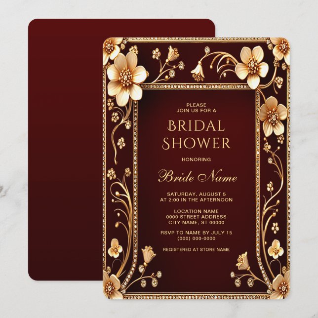 Bourgogne Golden Flowers Bridal Shower Invitation (Devant / Derrière)