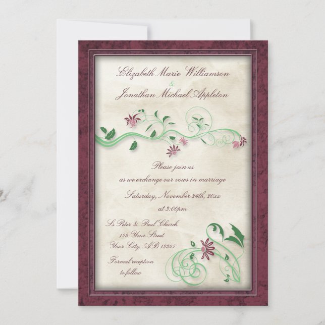Bourgogne & Green Floral Vine Mariage Invitations (Devant)