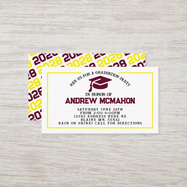 Bourgogne Jaune Faire-part de diplôme Insérer (Burgundy, White & Yellow Mini Graduation Invites for Friends, Team Mates or as Inserts!)