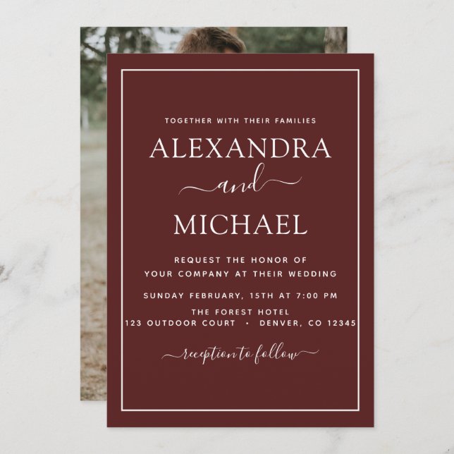 Bourgogne Mariage Romantique Photo Invitation (Devant / Derrière)