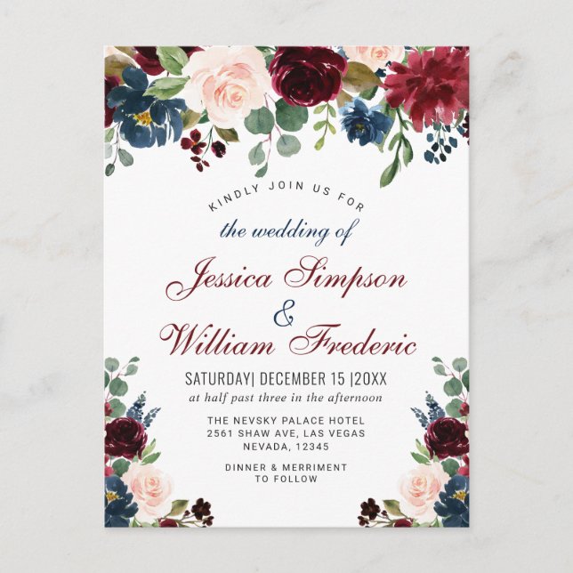 Bourgogne Marine Blush Floral Wedding Invitations (Devant)