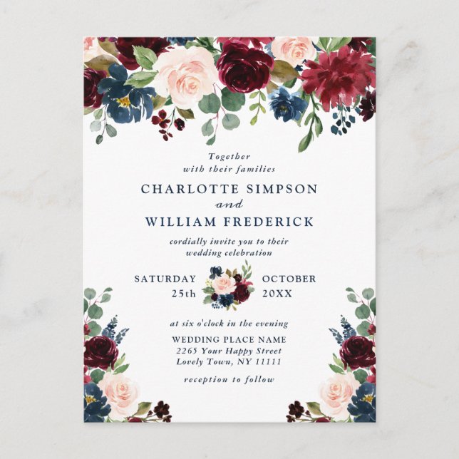 Bourgogne Marine Blush Floral Wedding Invitations (Devant)