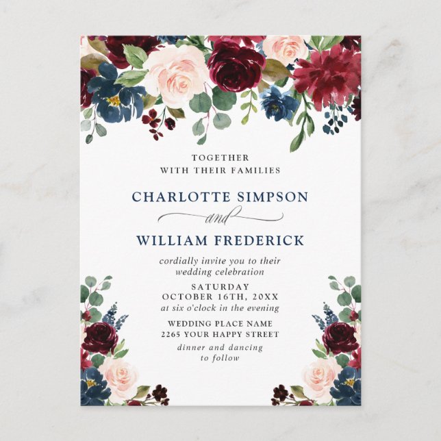 Bourgogne Marine Blush Floral Wedding Invitations (Devant)