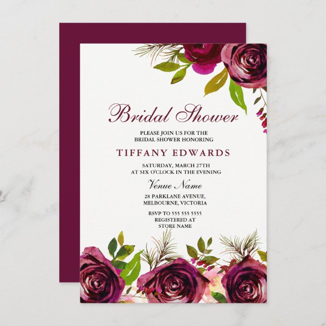 Bourgogne Marsala Floral Bridal Show Invitation (Devant / Derrière)