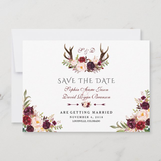 Bourgogne Marsala Floral Cerf Save The Date (Devant)