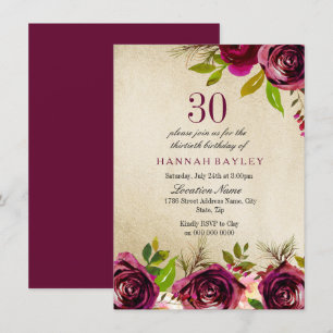 Bourgogne Marsala Floral Gold 30e Invitation d'ann