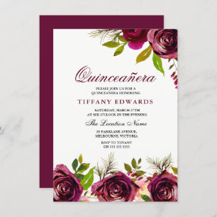 Bourgogne Marsala Floral Quinceañera Invitation