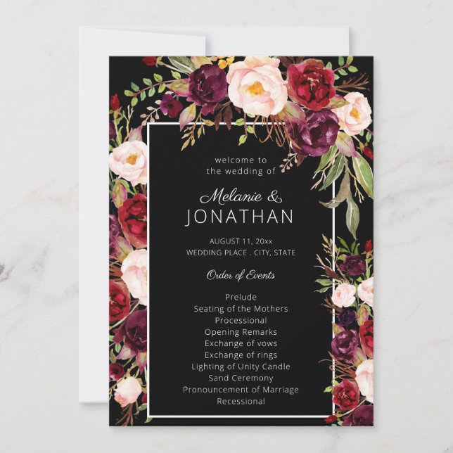 Bourgogne Marsala Floral Wedding Programme Noir V3 (Devant)