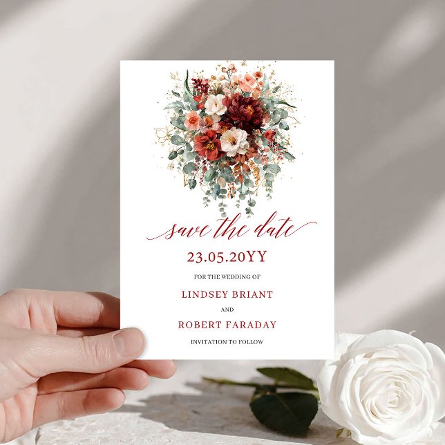 Bourgogne Moderne Vert Doré Carte de Faire-Part de (Modern Burgundy Greenery Gold Save The Date

)