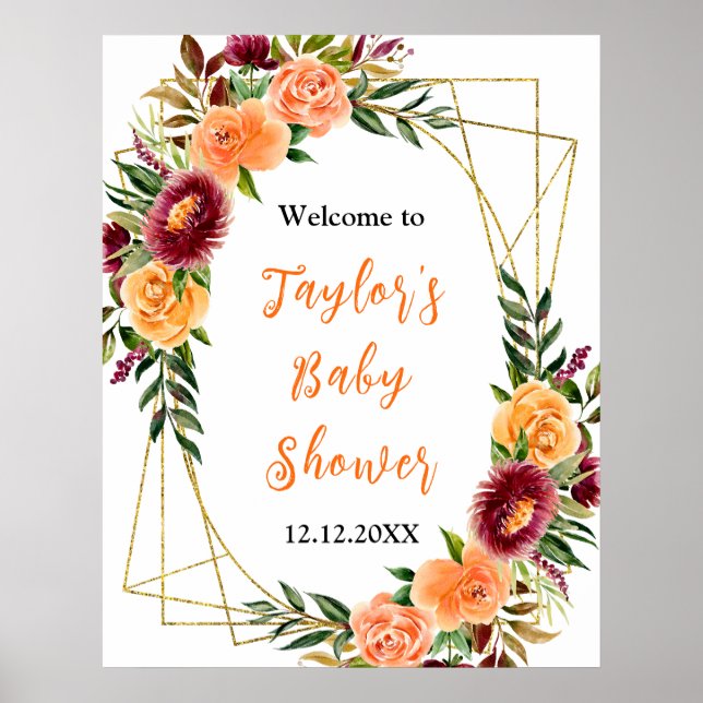 Bourgogne Orange Floral Baby shower Affiche de bie (Devant)