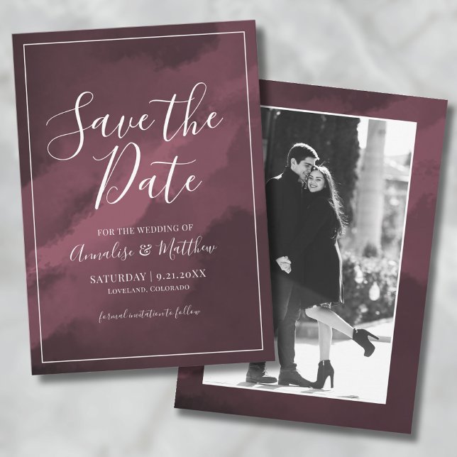 Bourgogne Photo Mariage Carte de Réservation de Da (Watercolor Script Red Wedding Save the Date Invitation)