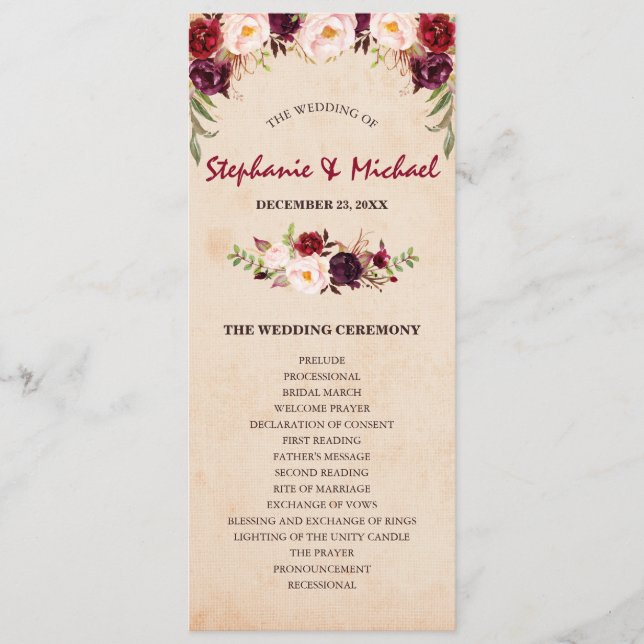 Bourgogne Red Floral Rustic Wedding programme (Devant)