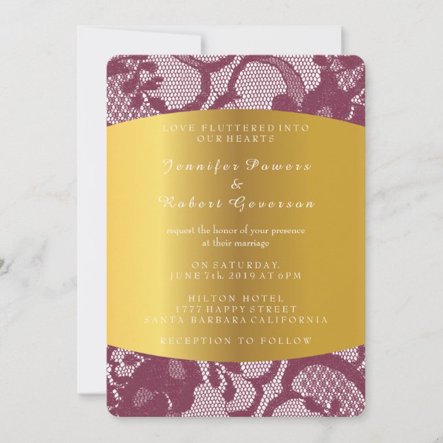 Bourgogne Red Lace Gold Mariage Royal Invitation (Devant)
