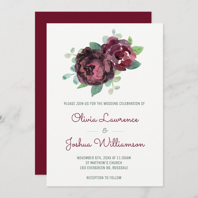 Bourgogne Rose Aquarelle Mariage Invitations (Devant / Derrière)