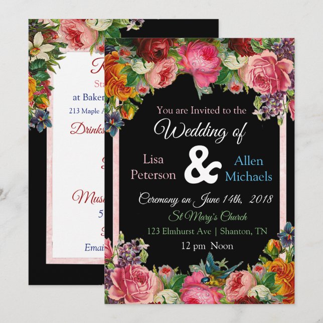 Bourgogne Rose Bird Floral Faire-part de mariage (Devant / Derrière)