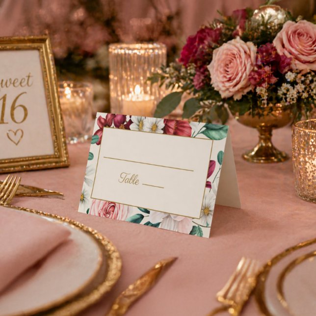 Bourgogne Rose Blanc Floral Anniversaire (Pink and red watercolor floral table card)