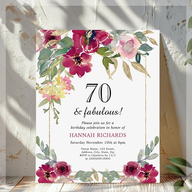 Bourgogne rose Floral 70e anniversaire Invitation (Créateur téléchargé)