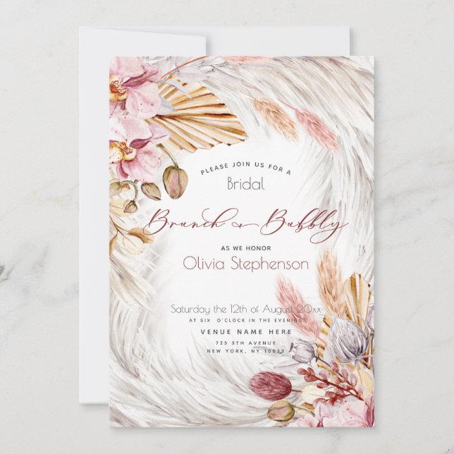 Bourgogne rose Floral Ivory Pampas Invitation Gras (Devant)