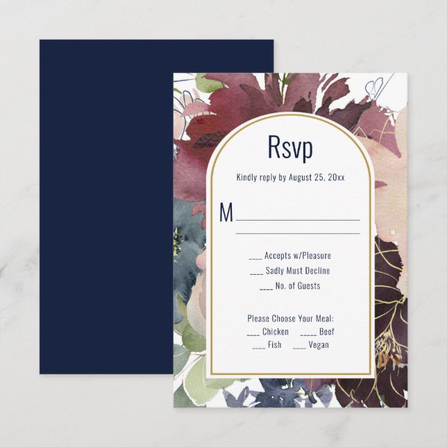 Bourgogne, Rose, Or Navy Réponse RSVP (Devant / Derrière)
