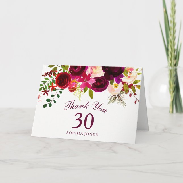 Bourgogne Rouge Floral Boho 30e anniversaire Merci (Devant)
