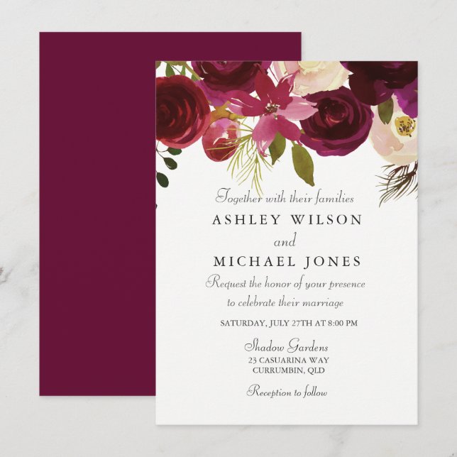 Bourgogne Rouge Floral Élégant Mariage Invitation (Devant / Derrière)