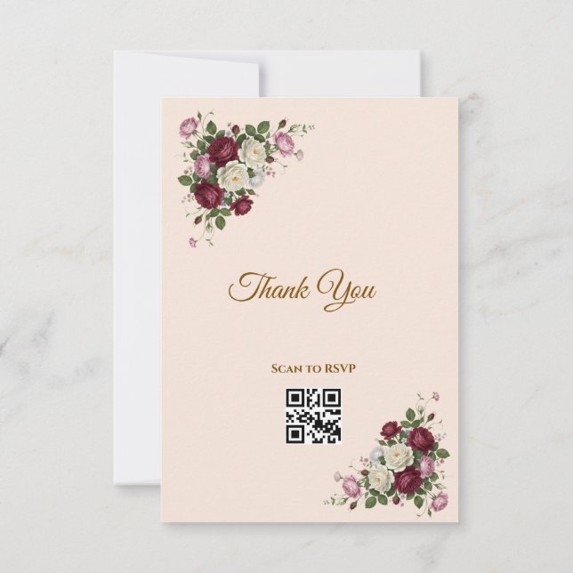 Bourgogne Rouge Floral Or Carte de réponse QR Code (Dos)