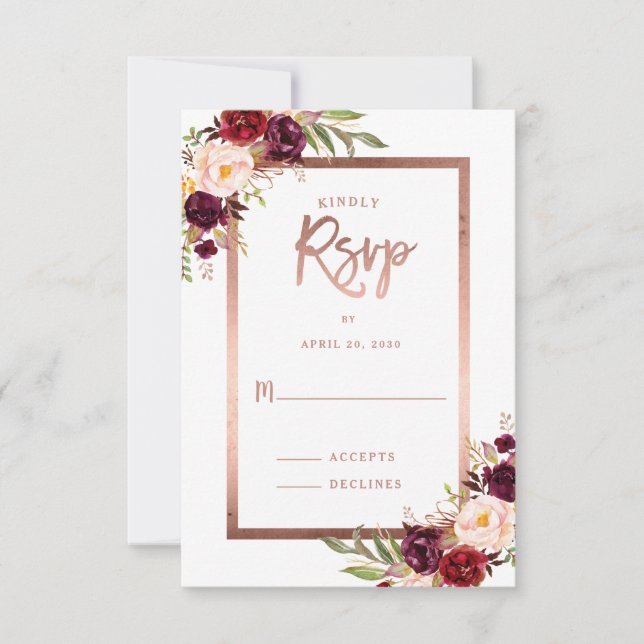 Bourgogne Rouge Floral Rose Gold Wedding RSVP (Devant)