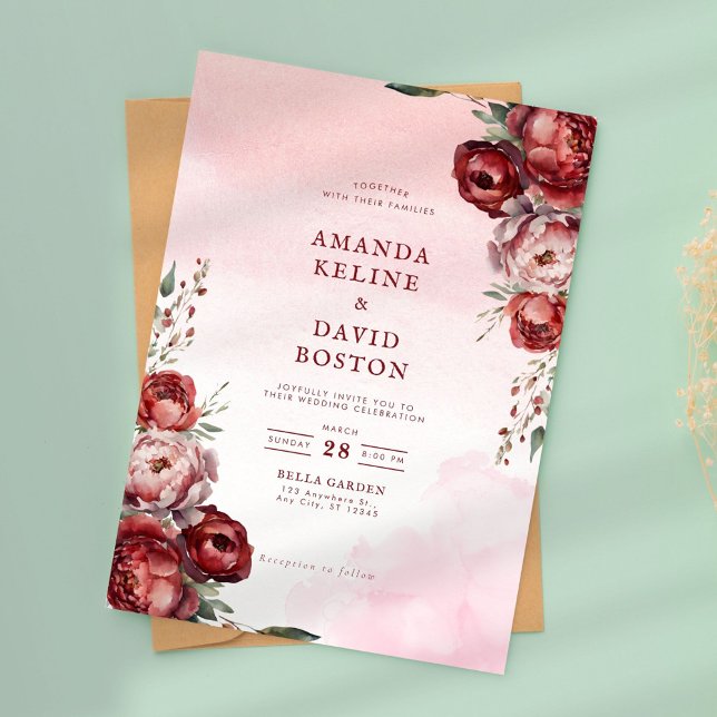 Bourgogne Watercolor Peony Faire-part de mariage (Créateur téléchargé)