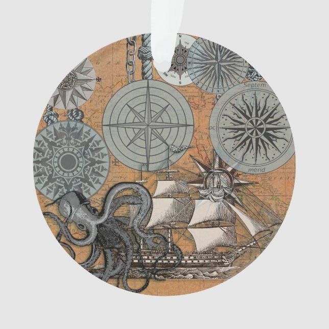Boussole Rose Vintage Nautique Octopus Ship (devant)