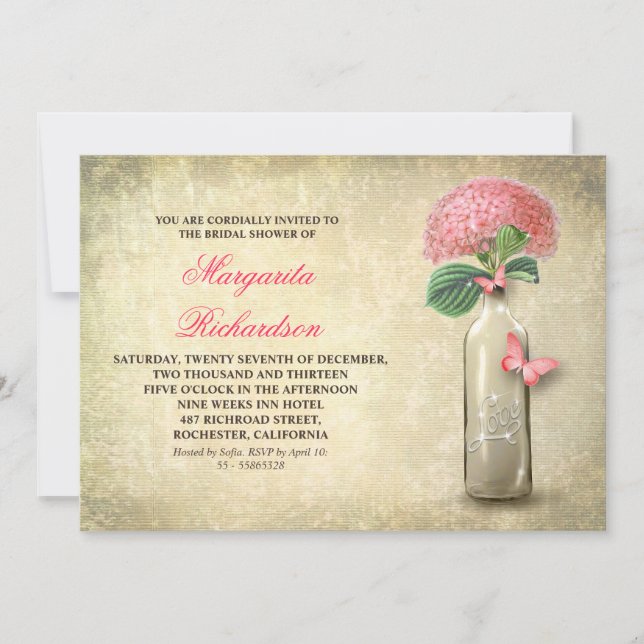 Bouteille de vin & fleurs roses invitations de dou (Devant)