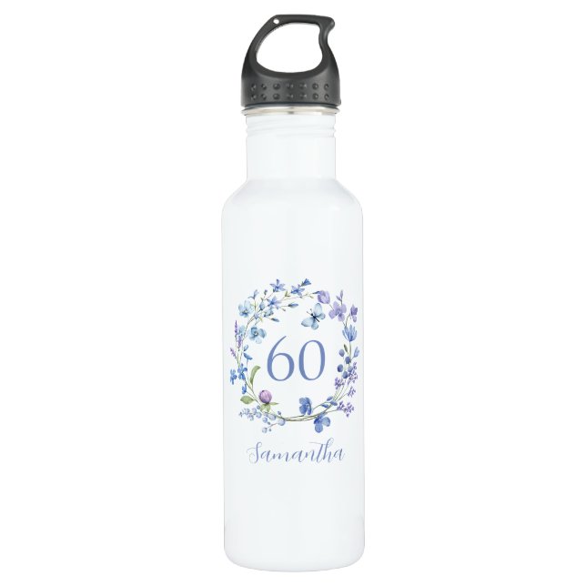 Bouteille D'eau 60e anniversaire Blue Floral Nom (Devant)