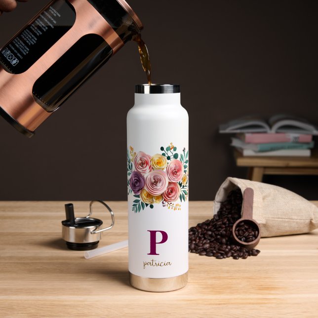 Bouteille d'eau à monogramme avec motif floral aqu (Café (pivotée))