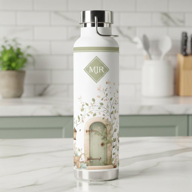 Bouteille d'eau à monogramme de jardin floral (cute cottage floral garden sage green and white water bottle with custom monogram initials)