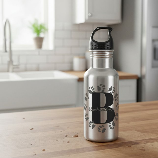 Bouteille d'eau à monogramme gras Empreintes de pa (Add your initial and name to this pet paw print water bottle)