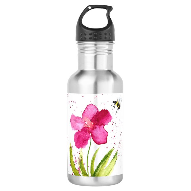 Bouteille D'eau Abeille bourdon fleur rose aquarelle (Devant)