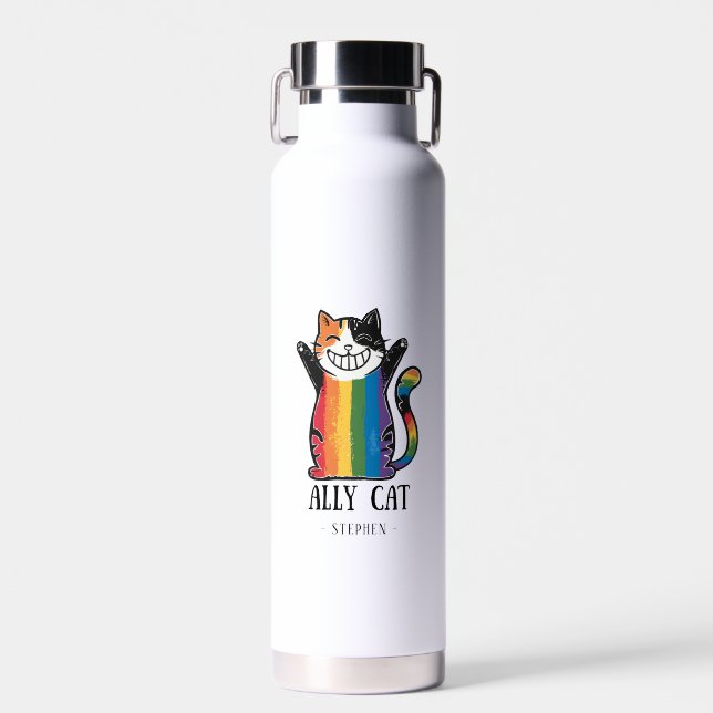 Bouteille D'eau Ally Cat - Rainbow Cat LGBTQ Pride (2) (Avant)