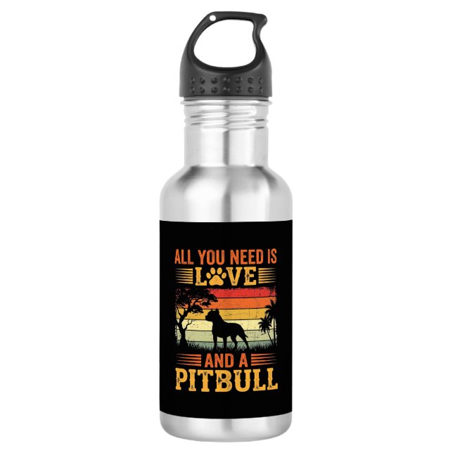 Bouteille D'eau Amour de Pitbull Coucher de Soleil Rétro Chien (Devant)