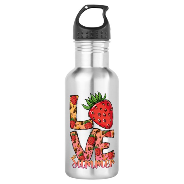 Bouteille D'eau Amour et été | Rose et Brown | Fraise fraîche (Devant)